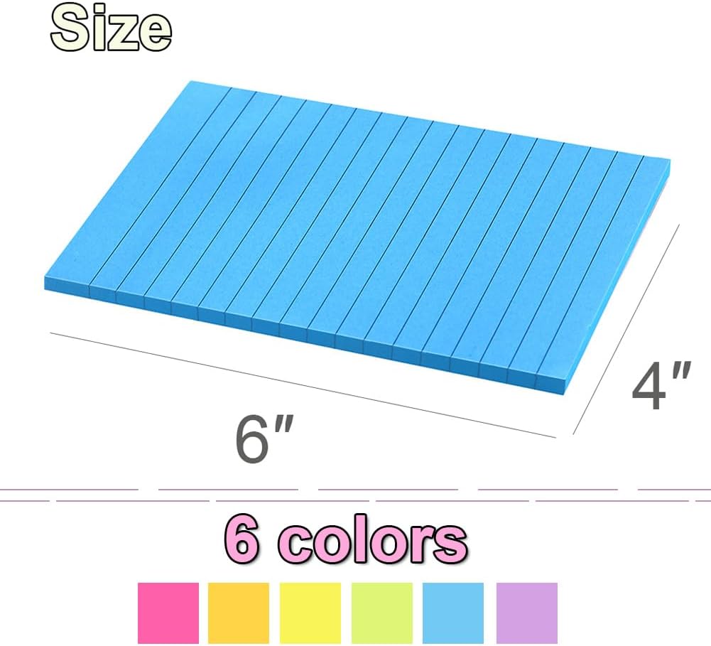 (36 Pack) Lined Sticky Notes 4x6 in Ruled Stickies Super Sticking Power Memo Pads Bright Colors